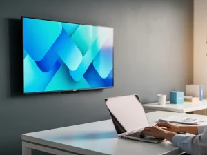 Commercieel beeldscherm met roterende content op kantoorwand, persoon werkt op laptop aan wit bureau in professionele werkomgeving.