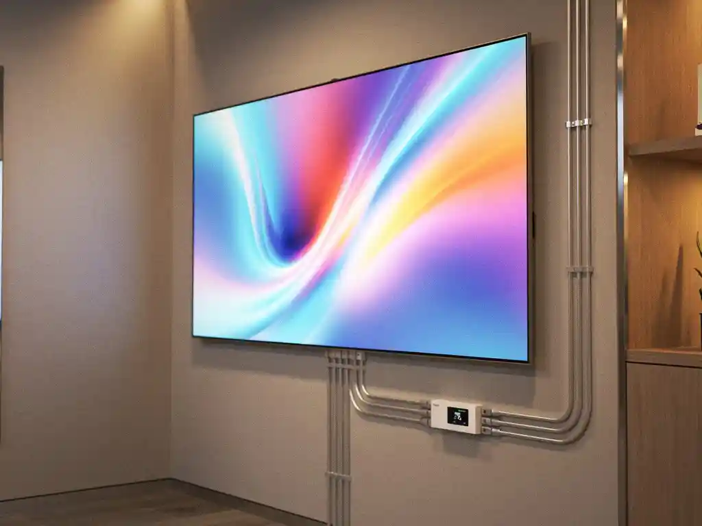 Groot helder digitaal scherm op kantoorwand met netwerkkabels naar een hub, warme amber en elektrisch blauwe tinten, moderne retailomgeving.