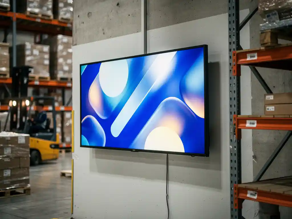 Helder digitaal display op magazijnmuur met elektrisch blauw en warmwit, vorkheftruck op de achtergrond.
