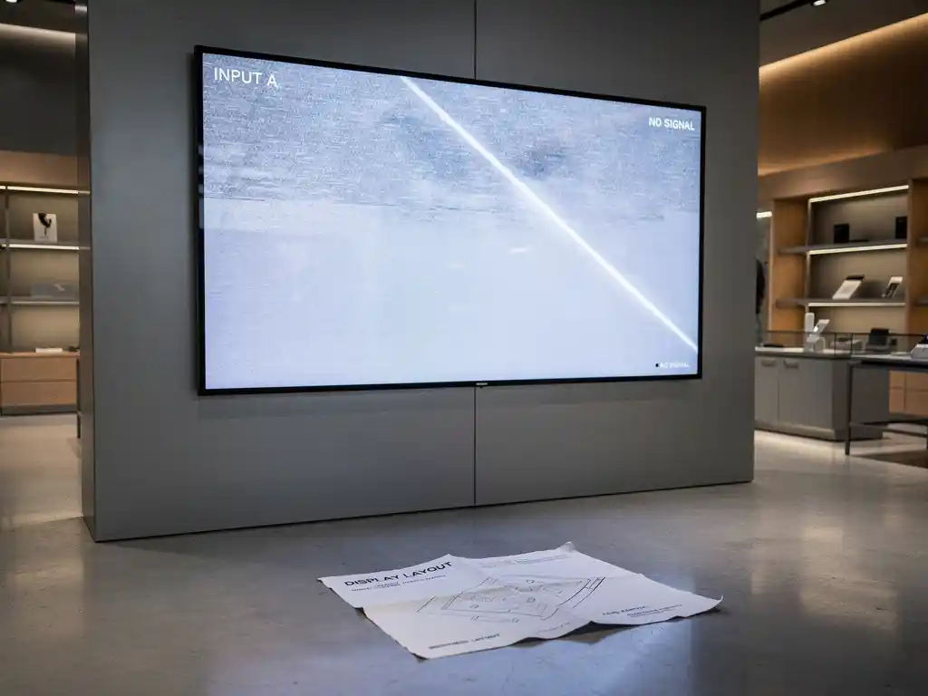 Groot digitaal retailscherm met vervaagd, gepixeld beeld op moderne winkelwand, verfrommeld referentieblad op de vloer eronder.