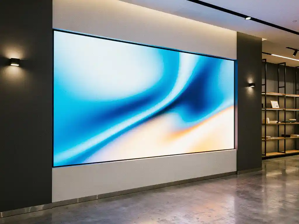 Groot digitaal beeldscherm met levendige blauwe en witte visuals in een moderne winkelruimte met betonnen vloer en sfeerverlichting.
