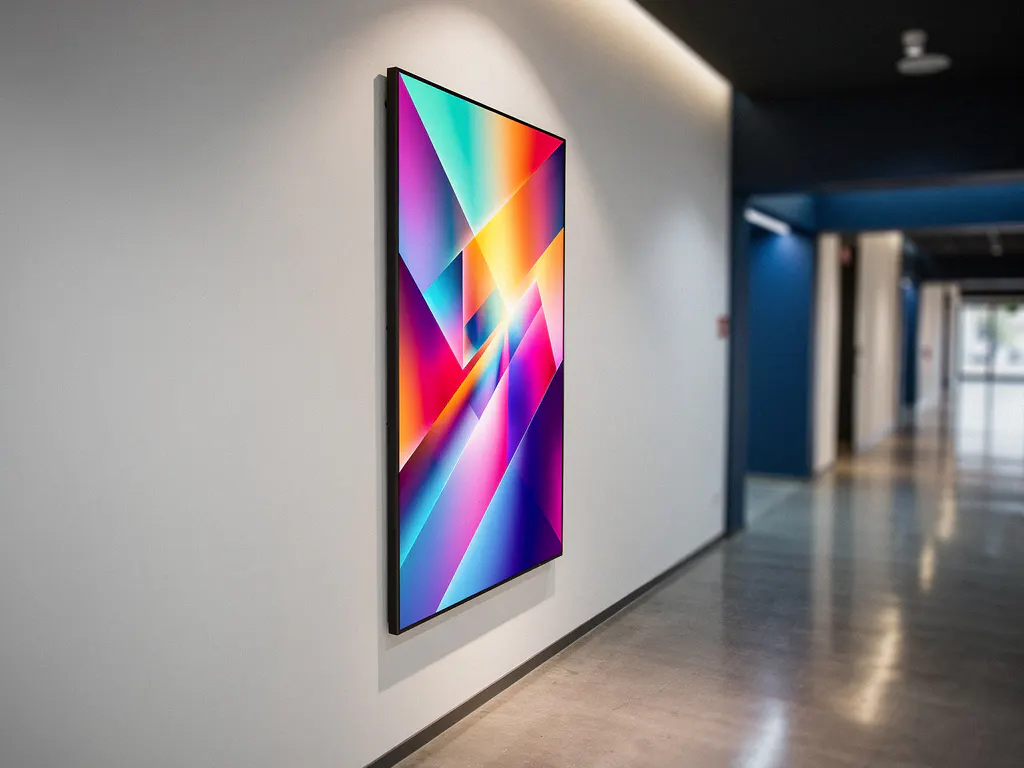 Ultraslank digitaal reclamescherm op witte retailmuur met levendige promotionele beelden, moderne gang met betonnen vloer op de achtergrond.