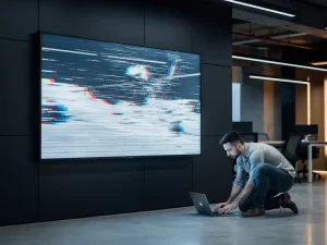 Technicus naast een digitaal signagescherm met storing op kantoorwand, laptop op de vloer, industriële werkruimte met blauw en amber licht.