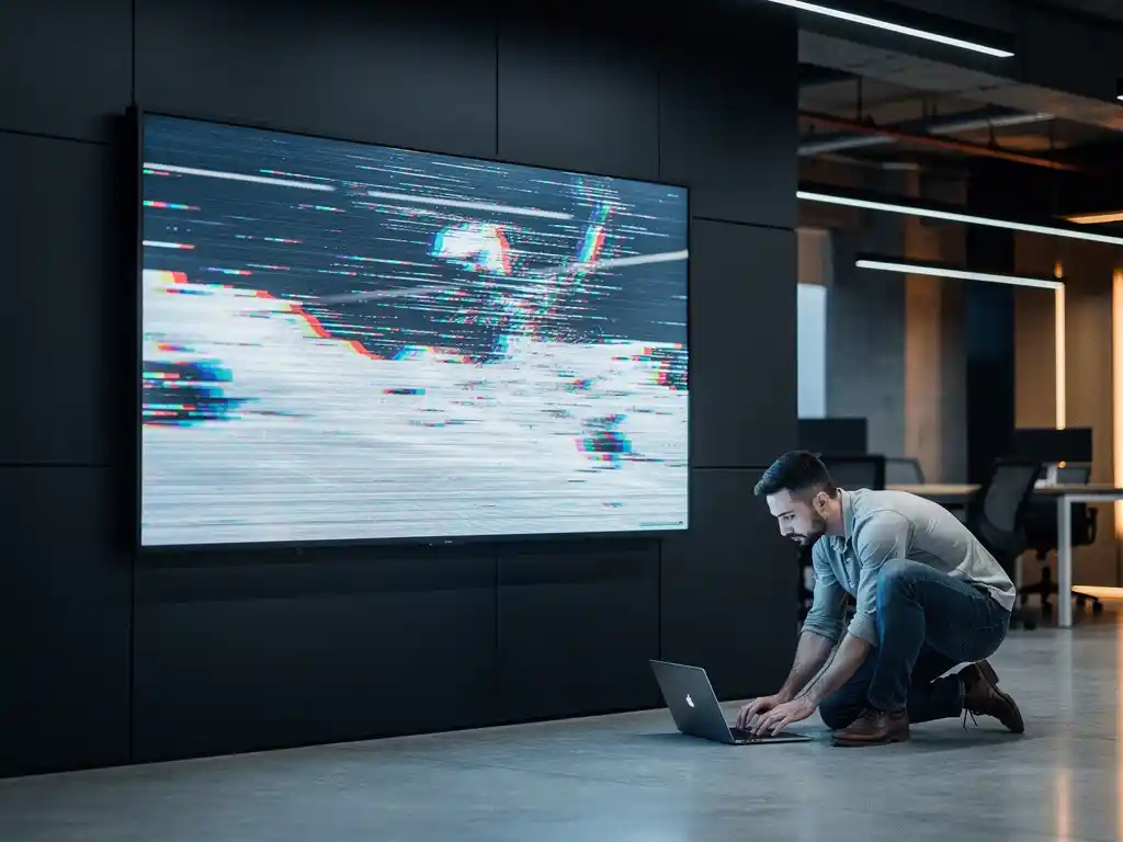 Technicus naast een digitaal signagescherm met storing op kantoorwand, laptop op de vloer, industriële werkruimte met blauw en amber licht.
