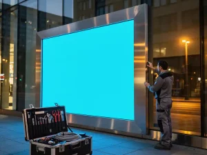 Technicus inspecteert rand van groot digitaal reclamescherm op modern gebouw, gereedschap en kabels op apparatuurkoffer.