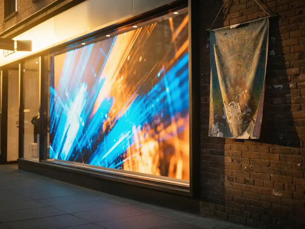 Levendig digitaal reclamescherm naast vervaagde gedrukte banner op bakstenen gevel, verlicht door gouden avondlicht.