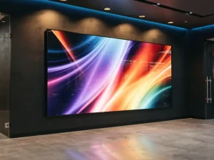 Groot digitaal beeldscherm aan een moderne retailmuur met levendige content, verlicht door warme winkelverlichting en gepolijste betonnen vloer.