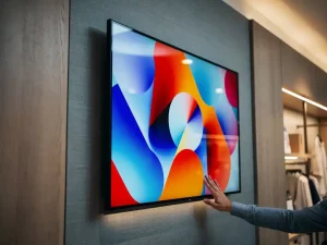 Technicus die digitaal reclamescherm aanraakt in moderne winkelomgeving met levendige promotionele beelden.