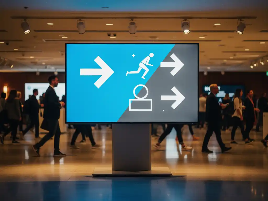 Groot digitaal infobord op standaard met blauwe routewijzers in drukke evenementenhal, verlicht door warme spots en schermgloed.