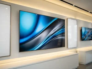 Commercieel display-scherm op witte retailmuur met levendig blauw-grijs content, tweede scherm op de achtergrond, warme showroomverlichting.