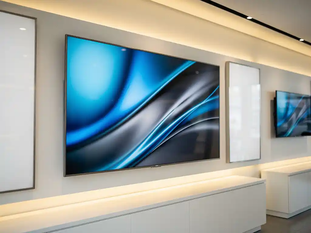 Commercieel display-scherm op witte retailmuur met levendig blauw-grijs content, tweede scherm op de achtergrond, warme showroomverlichting.