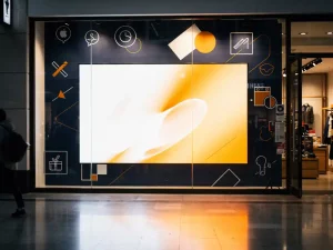 Groot digitaal display in etalage van moderne winkel, omgeven door gedrukte raamgrafiek en merkuitingen in marineblauw, wit en amber.
