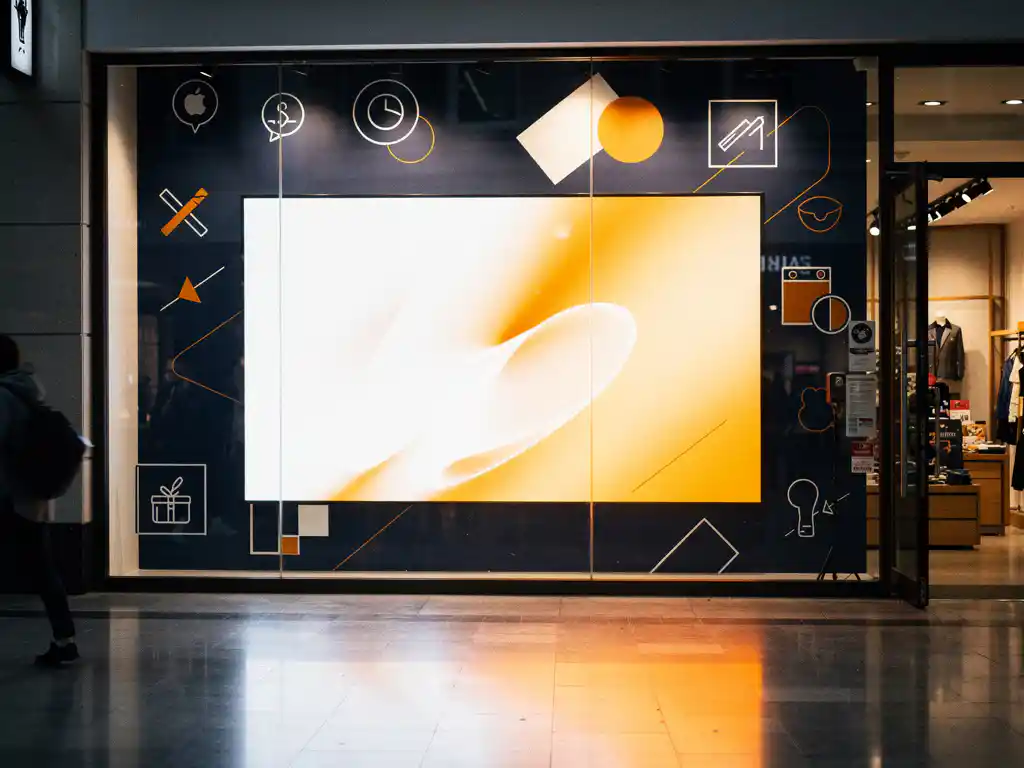 Groot digitaal display in etalage van moderne winkel, omgeven door gedrukte raamgrafiek en merkuitingen in marineblauw, wit en amber.