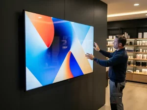 Installateur stelt groot digitaal reclamescherm in elektrisch blauw en wit af in modern Nederlands retailinterieur.