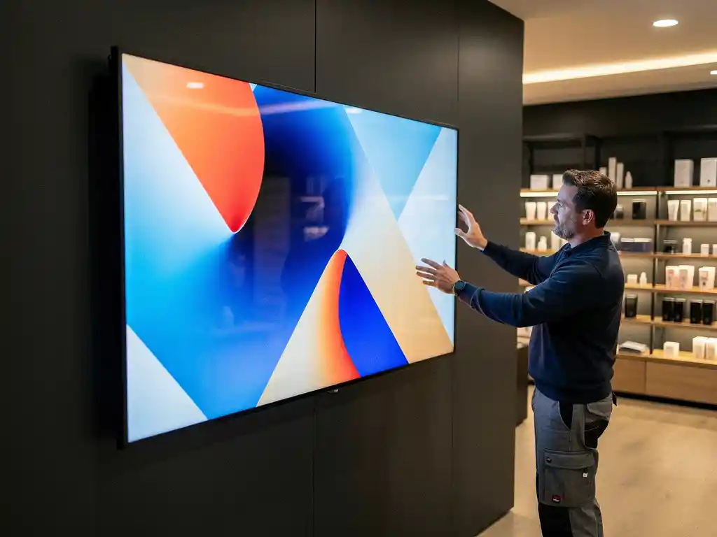 Installateur stelt groot digitaal reclamescherm in elektrisch blauw en wit af in modern Nederlands retailinterieur.