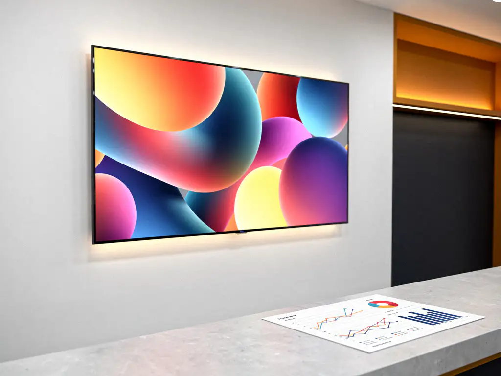 Digitaal signagescherm op winkelwand met levendige productvisuals naast een analytics-rapport op een toonbankblad.