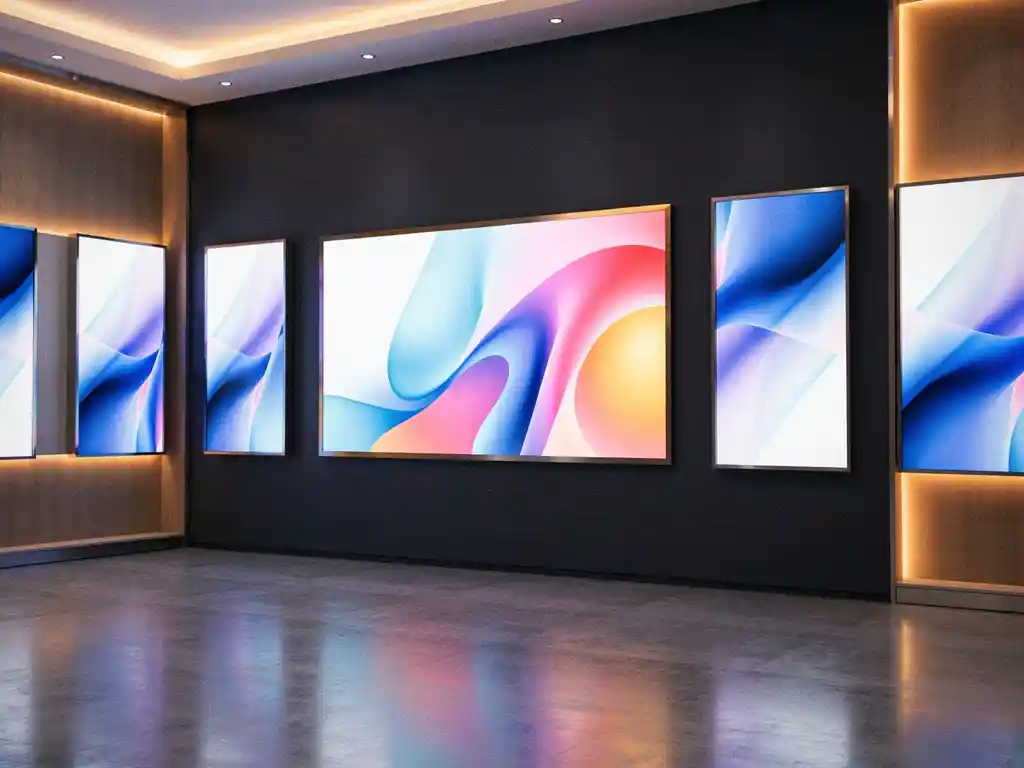 Groot digitaal reclamescherm aan moderne retailmuur, omgeven door kleinere schermen met dynamische content, gepolijste betonvloer en warme sfeerverlichting.