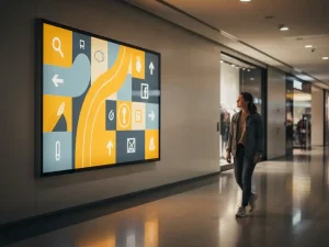 Digitaal wayfinding-scherm in moderne winkelpassage met voorbijlopende shopper die naar de levendige navigatiebeelden kijkt.