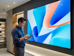 Retailmedewerker past digitale signage-content aan op tablet voor groot helder beeldscherm in moderne winkelomgeving.