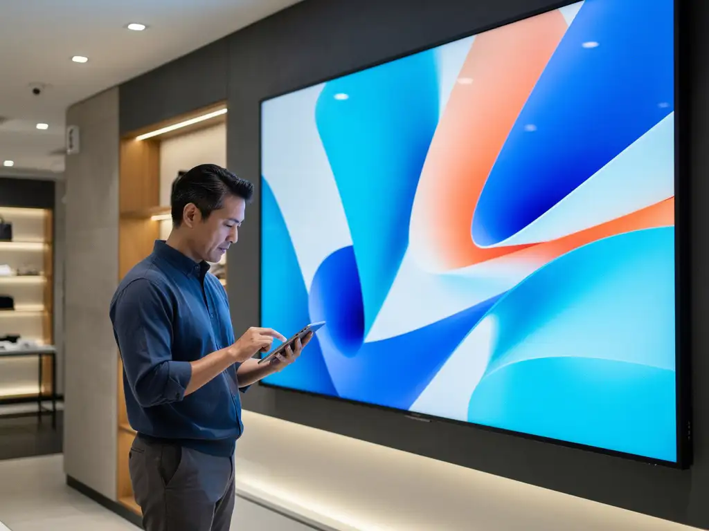 Retailmedewerker past digitale signage-content aan op tablet voor groot helder beeldscherm in moderne winkelomgeving.