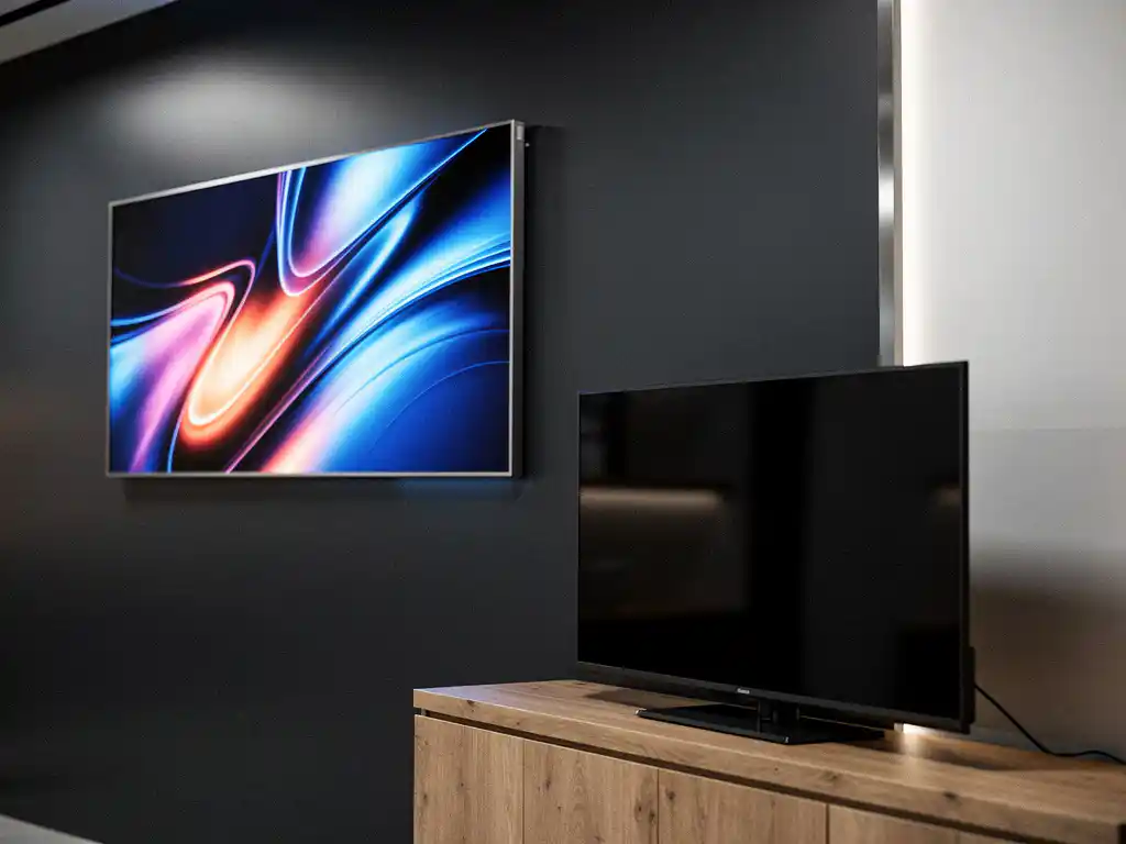 Digitaal signagedisplay aan moderne retailmuur naast een flatscreen-tv op houten ondergrond, verlicht met zacht studiolicht.