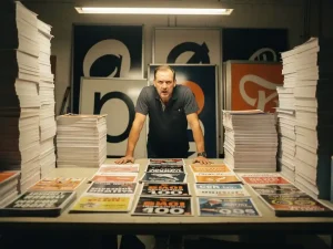 Gefrustreerde drukkerijmedewerker omringd door stapels prijslijsten en vinylmonsters op een grote productietafel met verouderde bewegwijzering.