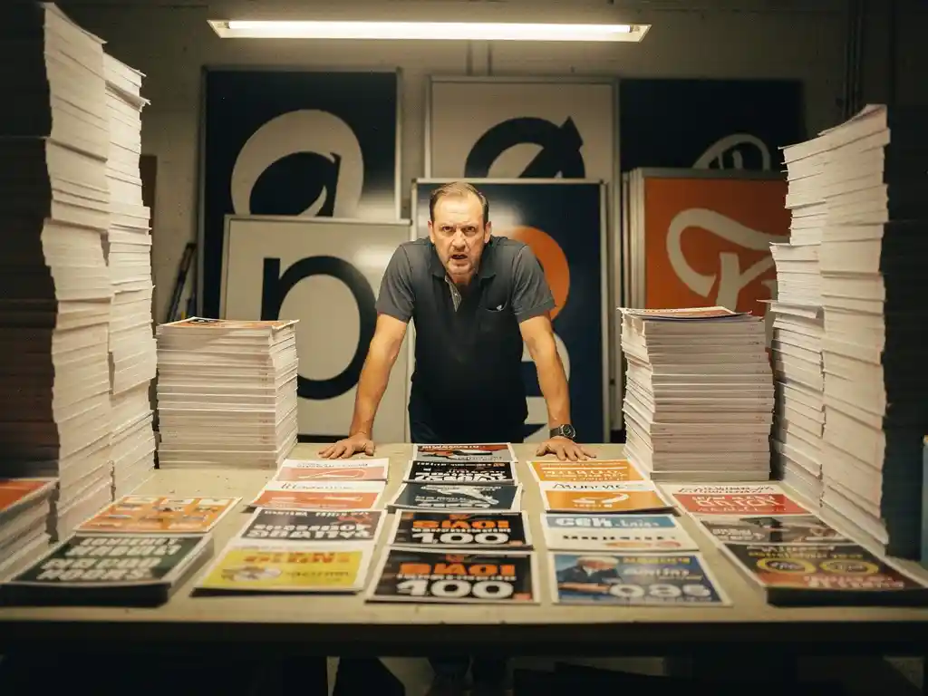 Gefrustreerde drukkerijmedewerker omringd door stapels prijslijsten en vinylmonsters op een grote productietafel met verouderde bewegwijzering.