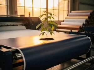 Jonge groene plant die opgroeit uit een opgerolde vinylbanner op een professionele drukkerijvloer, warm goudkleurig licht.