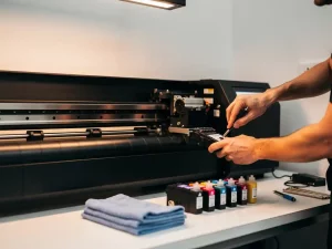 Technicus voert onderhoud uit aan printkop van grootformaat printer in professioneel printbedrijf.