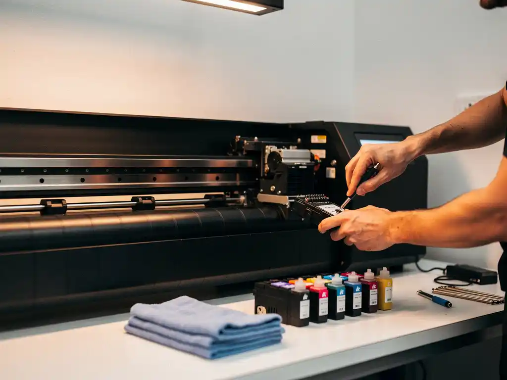 Technicus voert onderhoud uit aan printkop van grootformaat printer in professioneel printbedrijf.