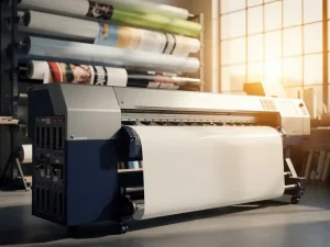 Grootformaat printer met modulaire uitbreidingsslots in professionele printstudio, omringd door rollen vinyl en signagebmateriaal.