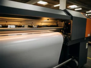 Grootformaat printer in werking op productievloer, met vinylrollen door precisierollen gevoed onder warm industrieel licht.
