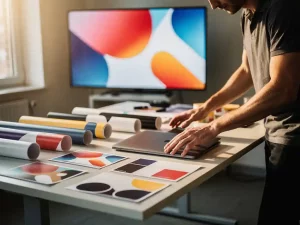Professional plaatst laptop op modern bureau met gedrukte signing samples en vinyl wraps, merkvisuals op scherm op de achtergrond.