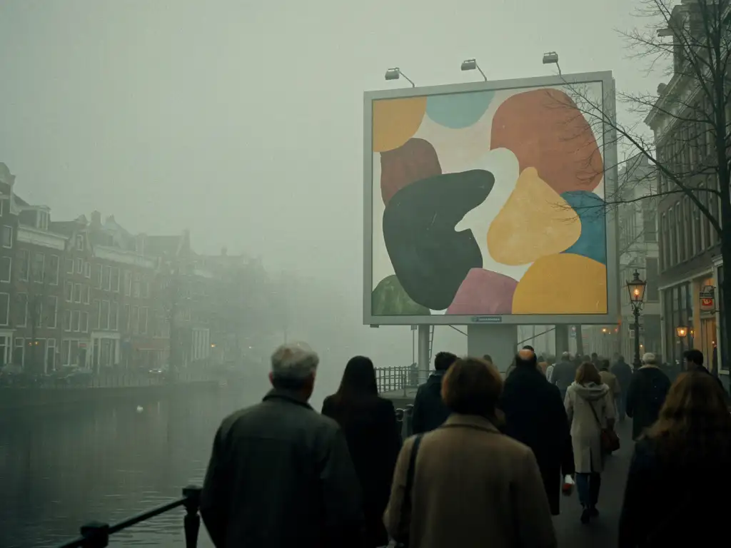 Leeg reclamebord langs mistig Amsterdams grachtenkanaal met voorbijlopende voetgangers, melancholische stedelijke sfeer in gedempte grijs-groene tinten.
