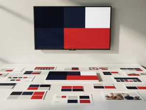 Digitaal scherm op kantoorwand met merkkleurenpalet, omringd door kleurstalen en brandguide-prints op wit oppervlak.