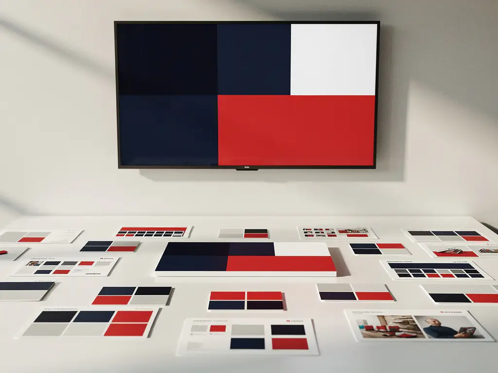 Digitaal scherm op kantoorwand met merkkleurenpalet, omringd door kleurstalen en brandguide-prints op wit oppervlak.