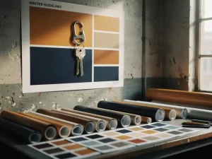 Mastersleutel op merkrichtlijnenposter aan workshopmuur, omringd door vinyl rollen en kleurstalen, warme amber en marineblauw tinten.