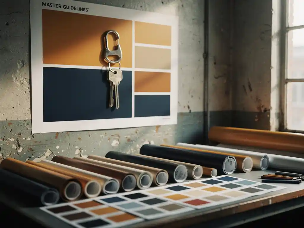 Mastersleutel op merkrichtlijnenposter aan workshopmuur, omringd door vinyl rollen en kleurstalen, warme amber en marineblauw tinten.