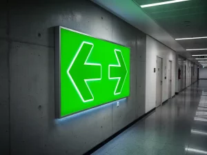 Groen nooduitgangsbordje met pijlen op betonnen muur in moderne openbare ruimte, lange gang op de achtergrond.