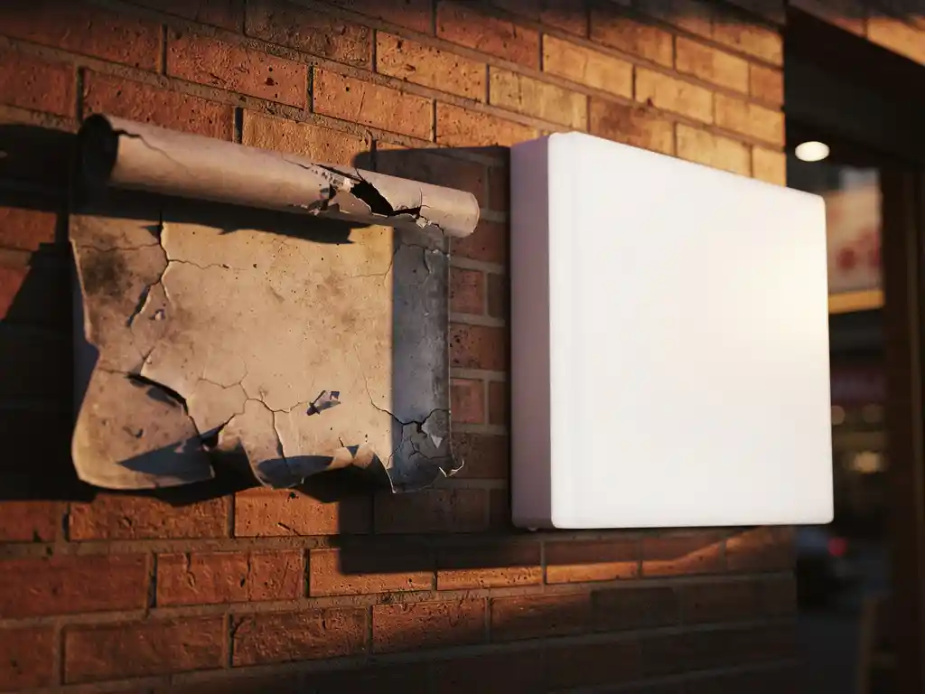 Verouderd, afbladderd vinyl gevelreclame naast een nieuw verlicht paneel op bakstenen gevel in warm middaglicht.