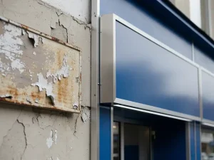 Verweerd, afbladderd winkelbord naast een nieuw verlicht kanaalletterteken op een moderne gevel in Nederlands daglicht.