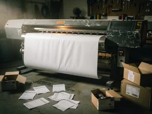 Versleten grootformaat printer op productievloer met beschadigde printkop, facturen en onderdelen verspreid, half-afgewerkte vinylbanner hangend ernaast.
