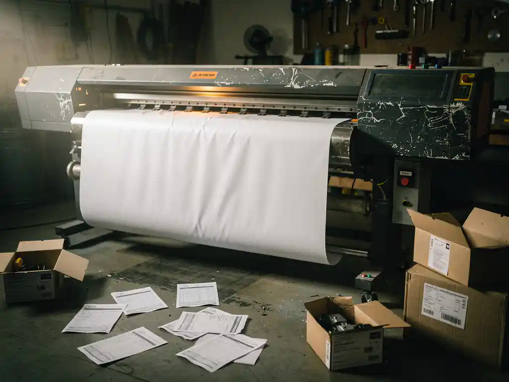 Versleten grootformaat printer op productievloer met beschadigde printkop, facturen en onderdelen verspreid, half-afgewerkte vinylbanner hangend ernaast.