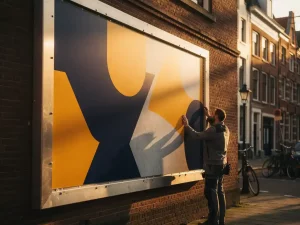 Technicus inspecteert weerbestendig reclamebord op bakstenen gevel in Nederlandse stad, levendige kleuren na jarenlange buitenblootstelling.