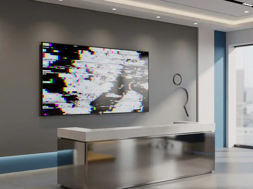 Pixelvervormd digitaal scherm in moderne kantoorlobby, contrasterende met strakke receptiebalie en merkpaneel op de achtergrond.