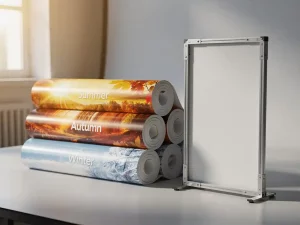 Opgerolde seizoensbanners voor zomer, herfst en winter naast een modulair reclamebord in een professionele printstudio, warm amberkleurig licht.