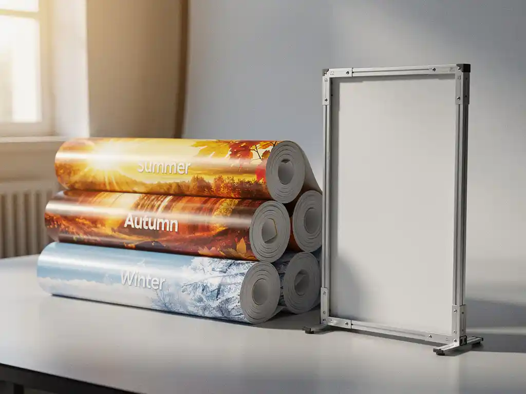 Opgerolde seizoensbanners voor zomer, herfst en winter naast een modulair reclamebord in een professionele printstudio, warm amberkleurig licht.