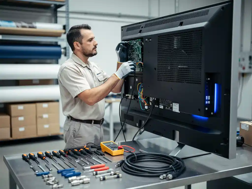 Technicus inspecteert achterpaneel van groot digitaal beeldscherm in professionele werkplaats met gereedschap en kabelconnectoren op stalen werkvlak.