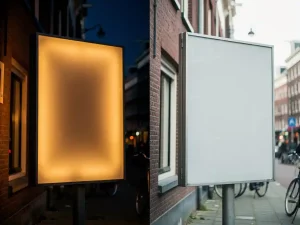Verlicht buitenreclame in warm amber tegen een donkerblauwe schemerlicht, naast hetzelfde bord dat flets oogt in fel middagzonlicht, Nederlandse straat op de achtergrond.