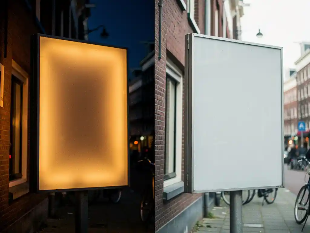 Verlicht buitenreclame in warm amber tegen een donkerblauwe schemerlicht, naast hetzelfde bord dat flets oogt in fel middagzonlicht, Nederlandse straat op de achtergrond.